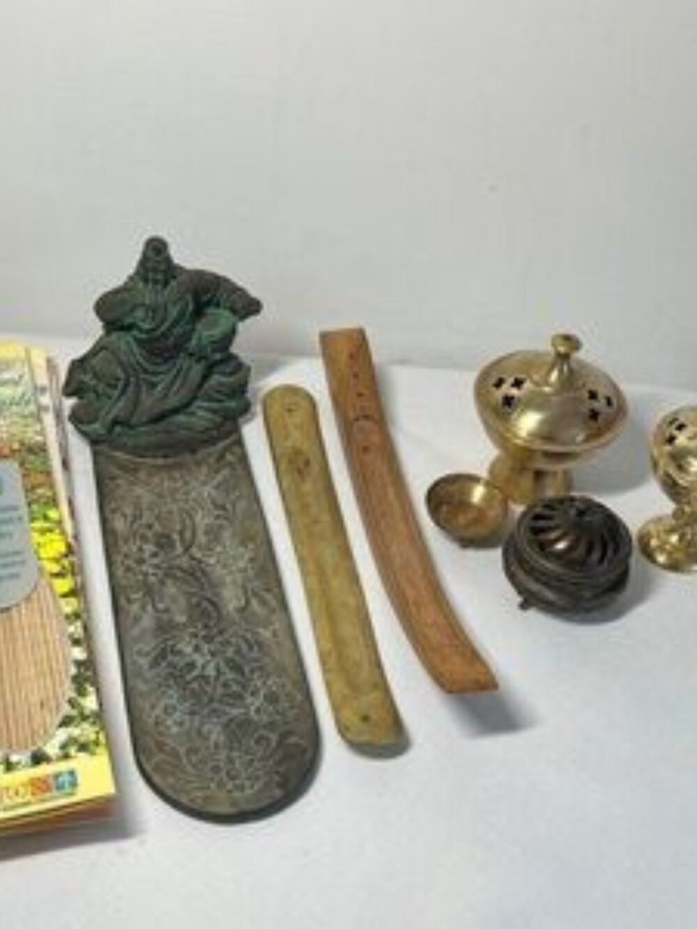 Incense Holders. Brass. Etched brass. 4 packs incense. Vintage